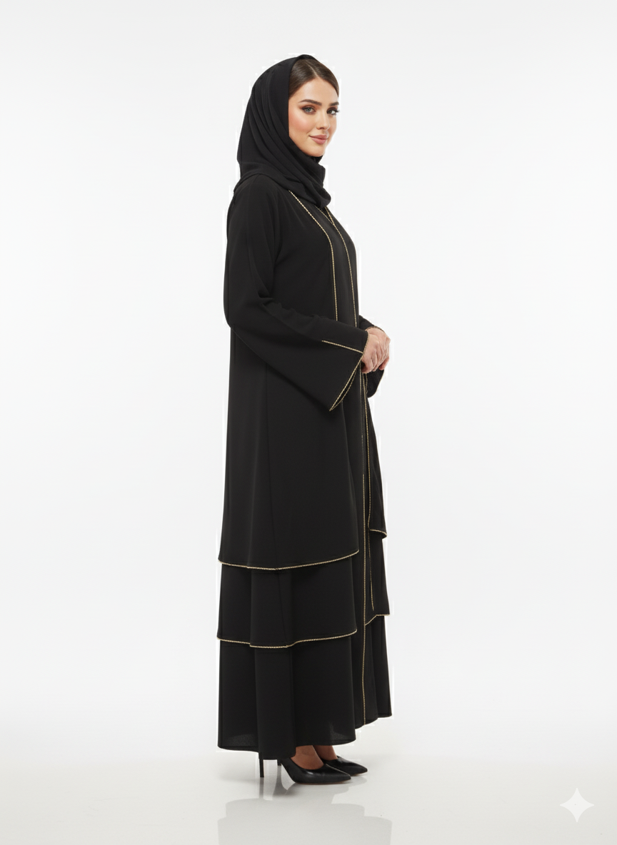Glamoura X Black Tiered Jacket Abaya | Gold Piped Layered Flared Ruffle Hem Detail | High-Fashion Open Modesty Wear