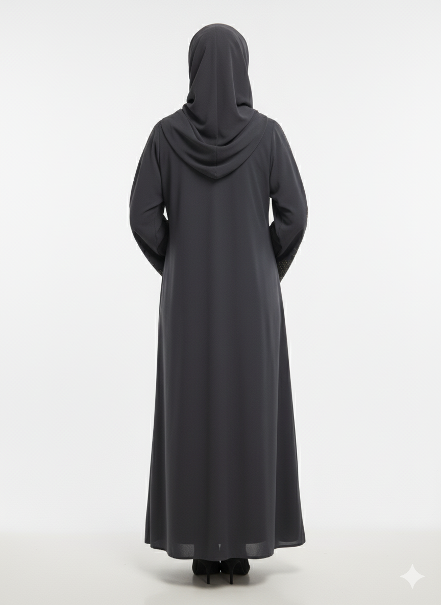 Glamoura X Charcoal Gray Nida Abaya | Micro-Pleat Sleeve and Hem Detail | Silver Piped Open Front | Contemporary Modesty Wear