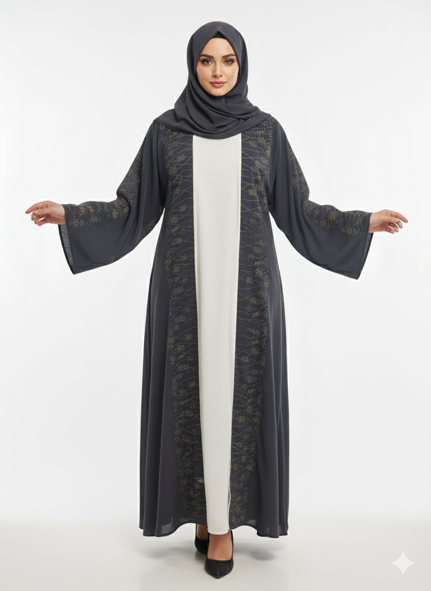 Glamoura X Charcoal Gray Nida Abaya | Micro-Pleat Sleeve and Hem Detail | Silver Piped Open Front | Contemporary Modesty Wear