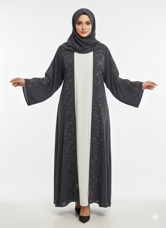Glamoura X Charcoal Gray Nida Abaya | Micro-Pleat Sleeve and Hem Detail | Silver Piped Open Front | Contemporary Modesty Wear