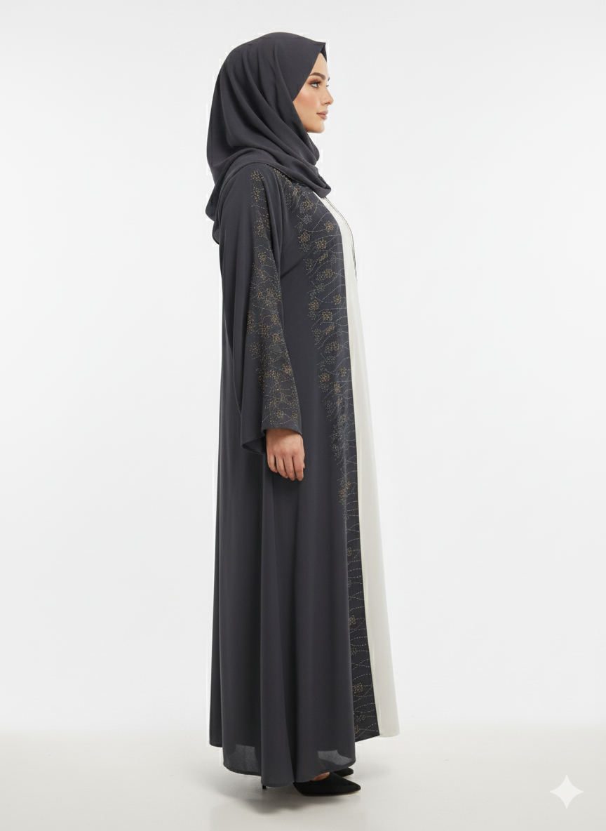 Glamoura X Charcoal Gray Nida Abaya | Micro-Pleat Sleeve and Hem Detail | Silver Piped Open Front | Contemporary Modesty Wear