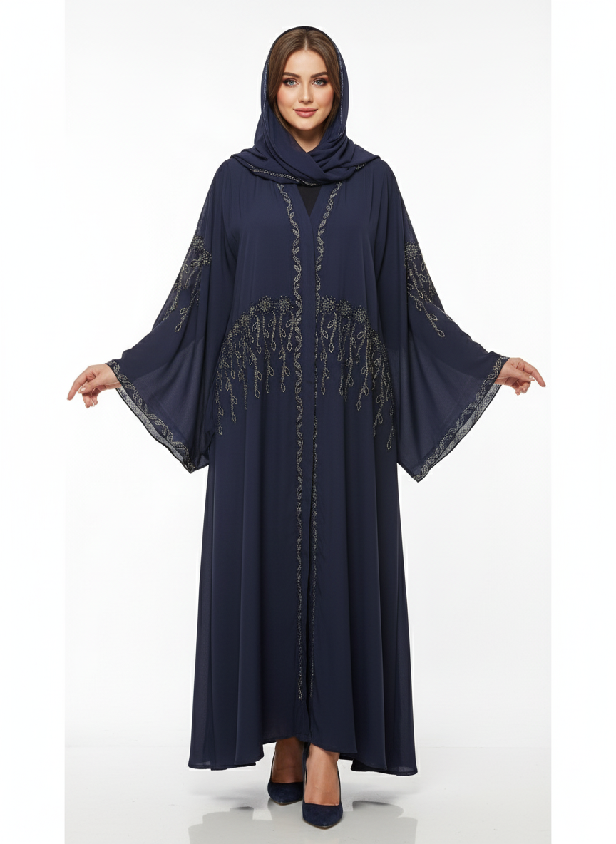 Glamoura X Navy Blue Butterfly Abaya | Vine Embellishment | Wide Flared Sleeves | Elegantly Flowing Modesty Wear