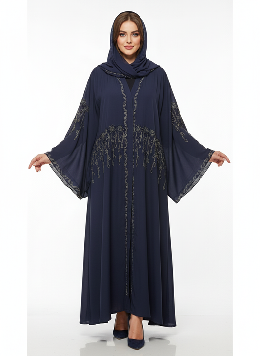 Glamoura X Navy Blue Butterfly Abaya | Vine Embellishment | Wide Flared Sleeves | Elegantly Flowing Modesty Wear