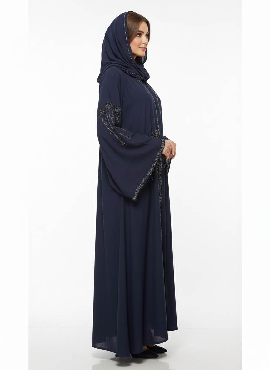 Glamoura X Navy Blue Butterfly Abaya | Vine Embellishment | Wide Flared Sleeves | Elegantly Flowing Modesty Wear