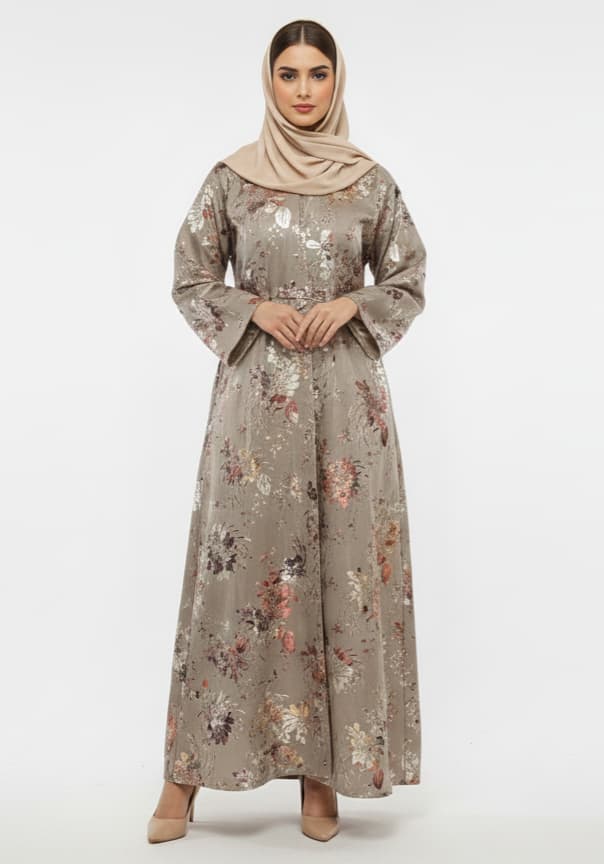 Golden Flora Beige Gilded Sands Foil Print Abaya | Glamoura X Luxury Beige & Gold Metallic Modest Wrap