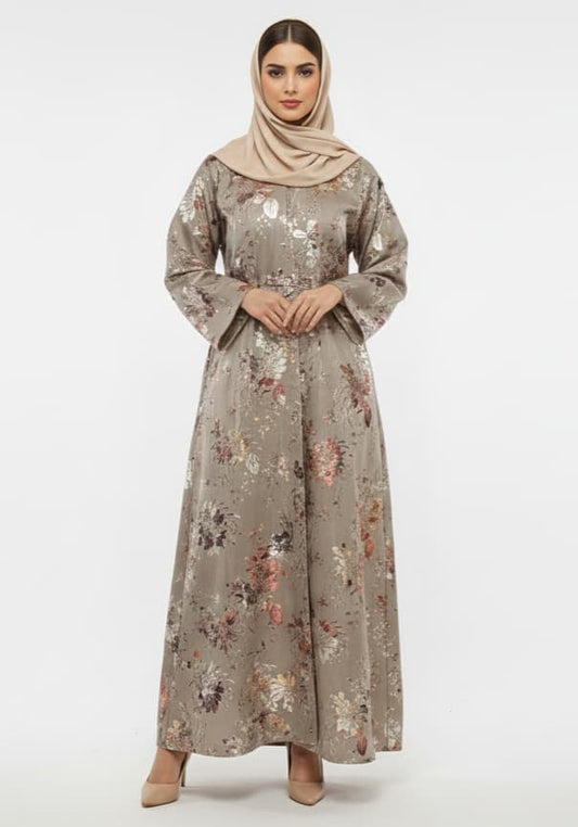 Golden Flora Beige Gilded Sands Foil Print Abaya | Glamoura X Luxury Beige & Gold Metallic Modest Wrap