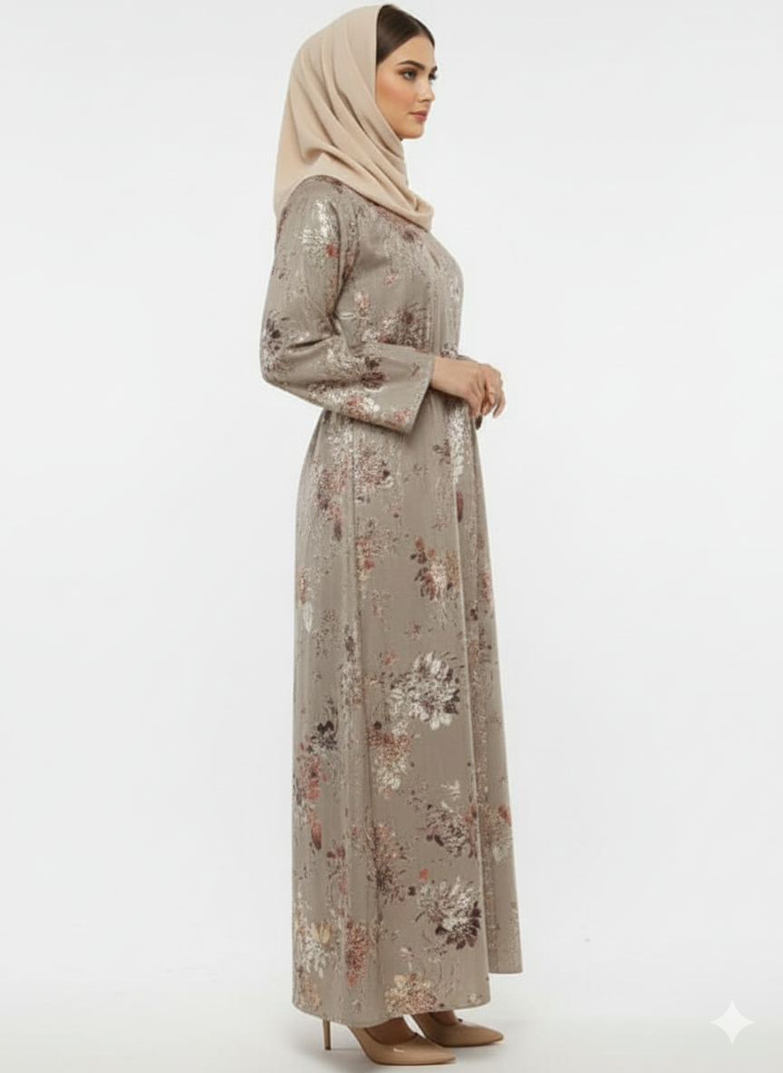 Golden Flora Beige Gilded Sands Foil Print Abaya | Glamoura X Luxury Beige & Gold Metallic Modest Wrap