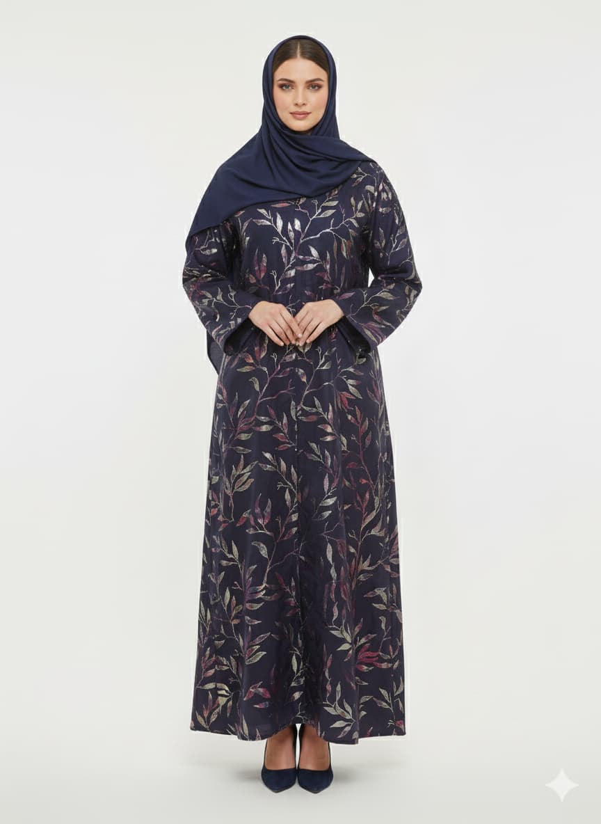 Midnight Starlight Foil Print Abaya | Silver Foil Botanical | GLAMOURA X