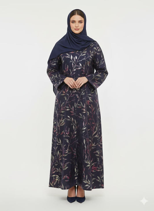 Midnight Starlight Foil Print Abaya | Silver Foil Botanical | GLAMOURA X