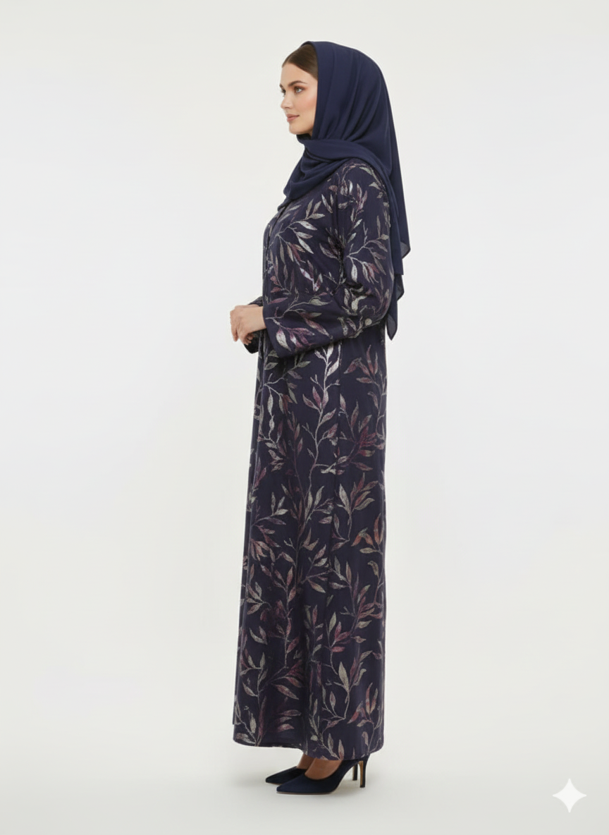 Midnight Starlight Foil Print Abaya | Silver Foil Botanical | GLAMOURA X