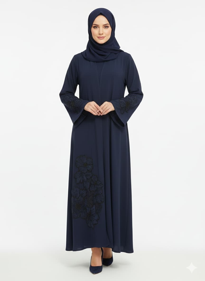 Artisan Navy Hand-Embroidered Abaya | Crystal Beadwork | GLAMOURA X