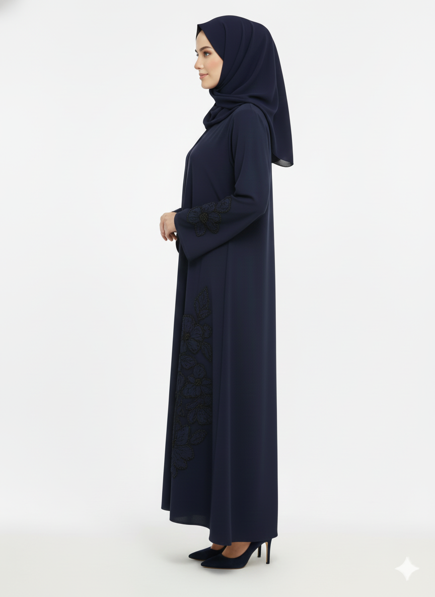 Artisan Navy Hand-Embroidered Abaya | Crystal Beadwork | GLAMOURA X