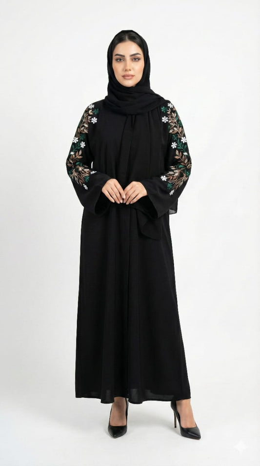 Obsidian Noir Hand-Embroidered Abaya | GLAMOURA X Luxury Crystal & Beadwork Open Wrap