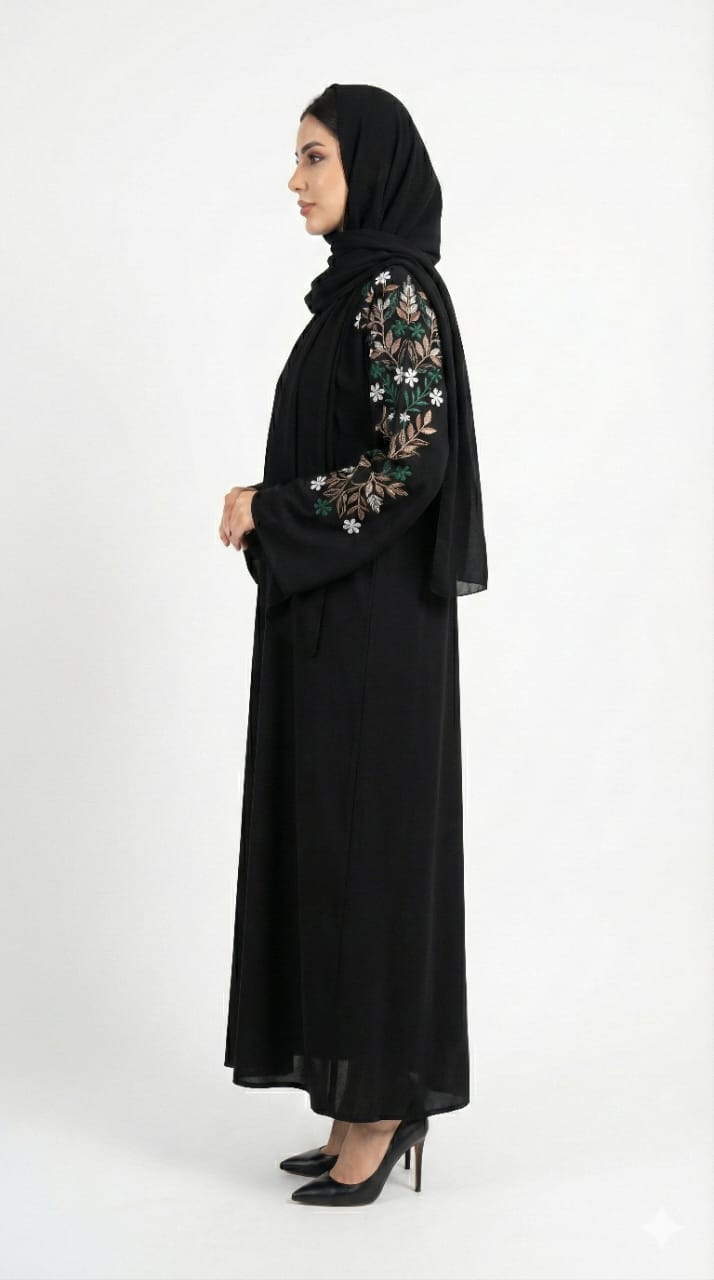 Obsidian Noir Hand-Embroidered Abaya | GLAMOURA X Luxury Crystal & Beadwork Open Wrap