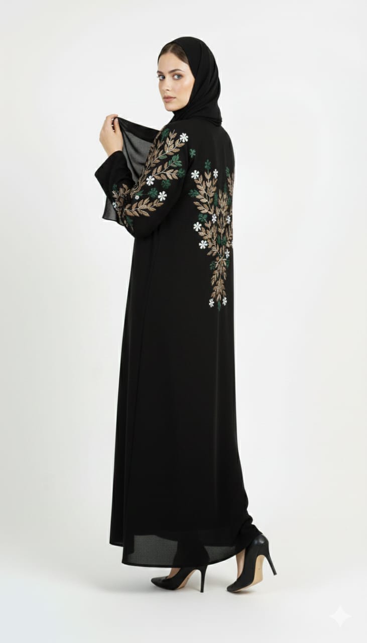 Obsidian Noir Hand-Embroidered Abaya | GLAMOURA X Luxury Crystal & Beadwork Open Wrap