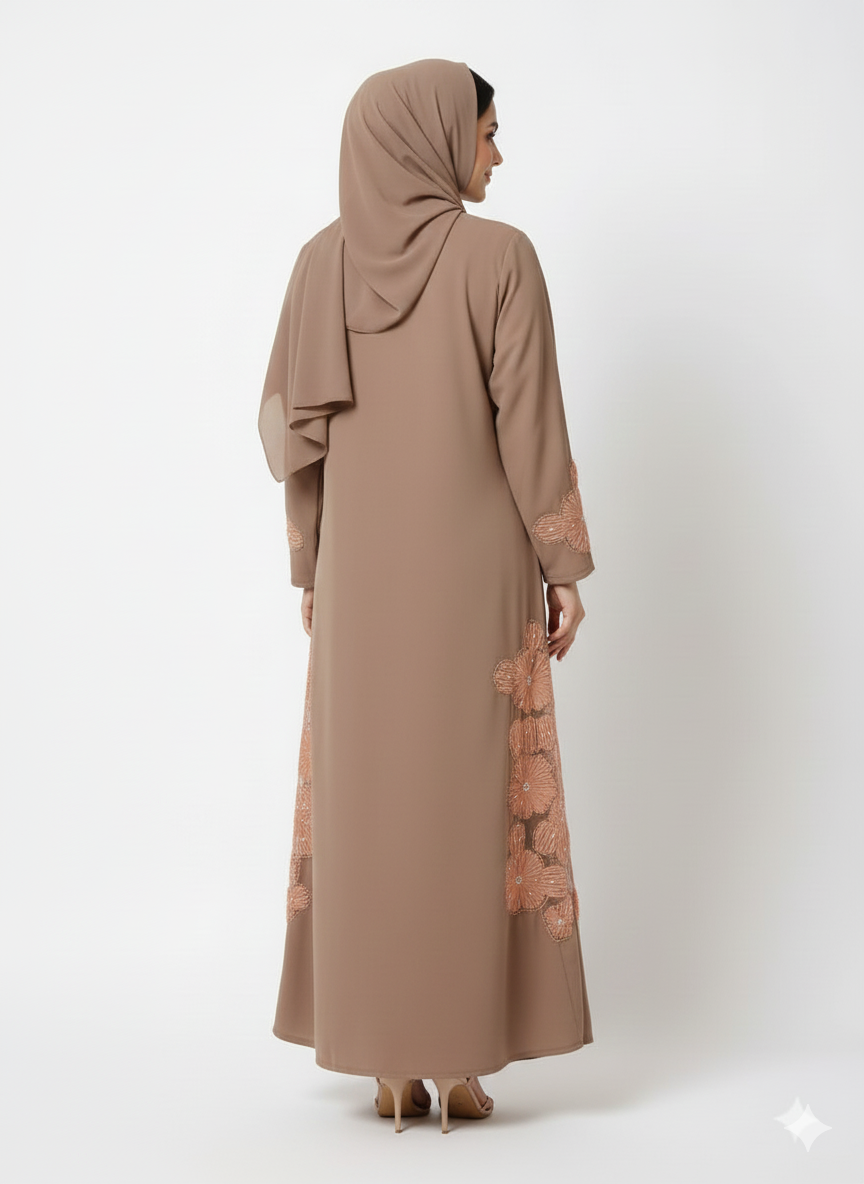 Mocha Side-Artisan Abaya | Vertical Hand-Embroidery | GLAMOURA X