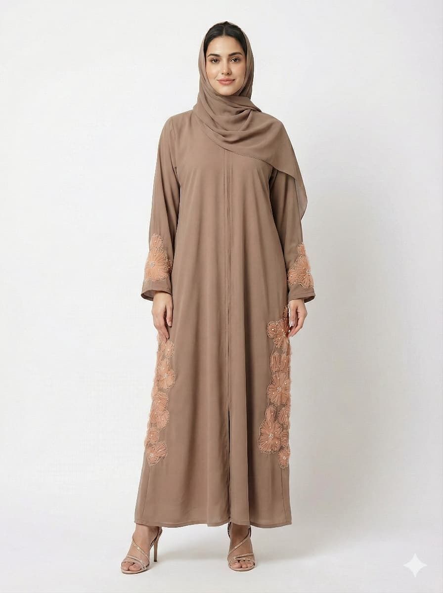 Mocha Side-Artisan Abaya | Vertical Hand-Embroidery | GLAMOURA X