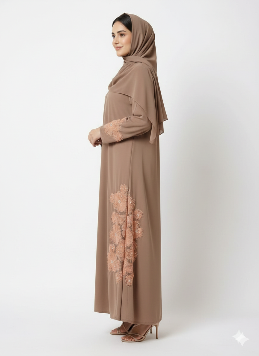 Mocha Side-Artisan Abaya | Vertical Hand-Embroidery | GLAMOURA X