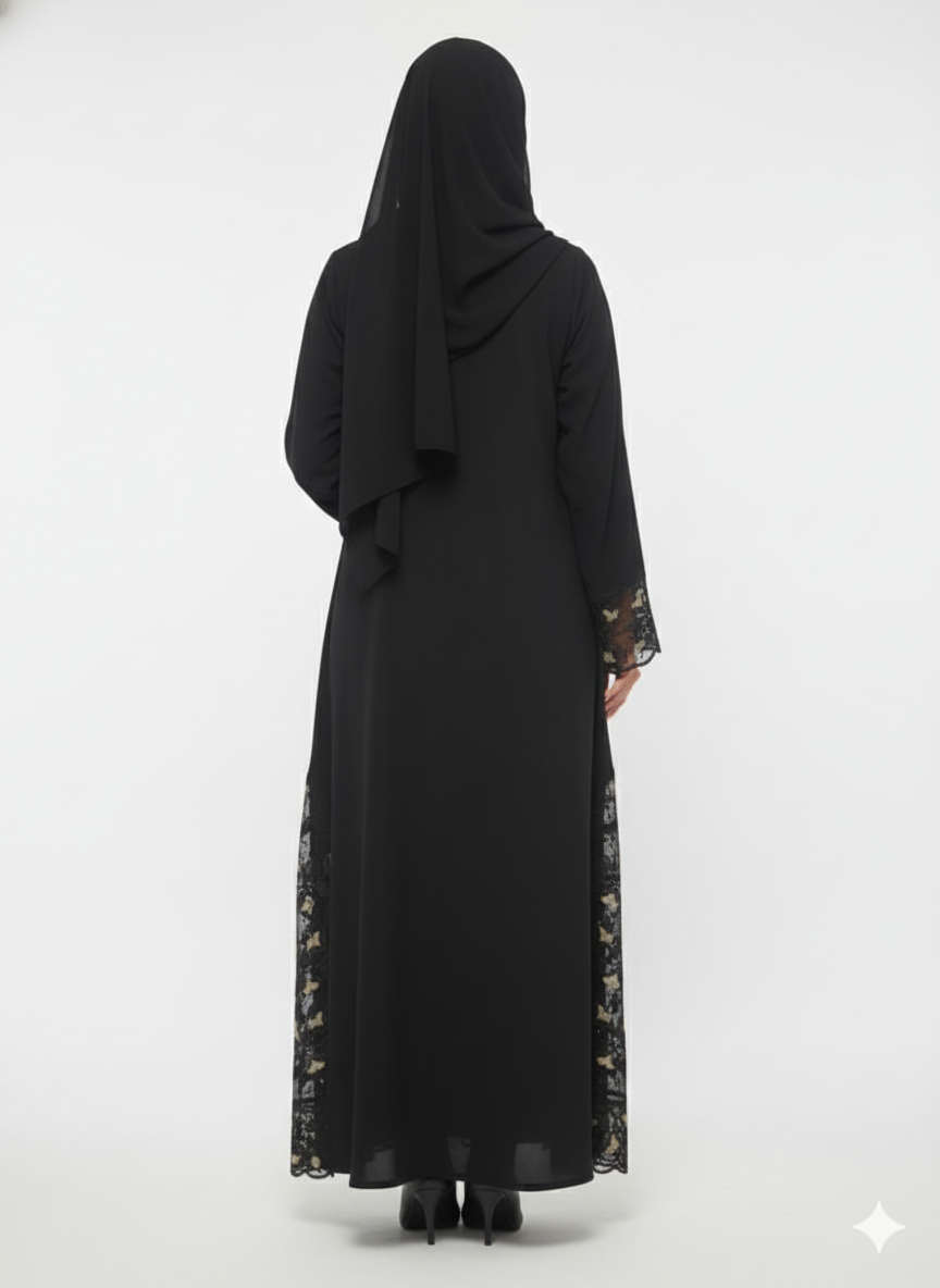 Noir Lattice Side-Detail Abaya | Black Sheer Net Embroidered Luxury Wrap GLAMOURA X