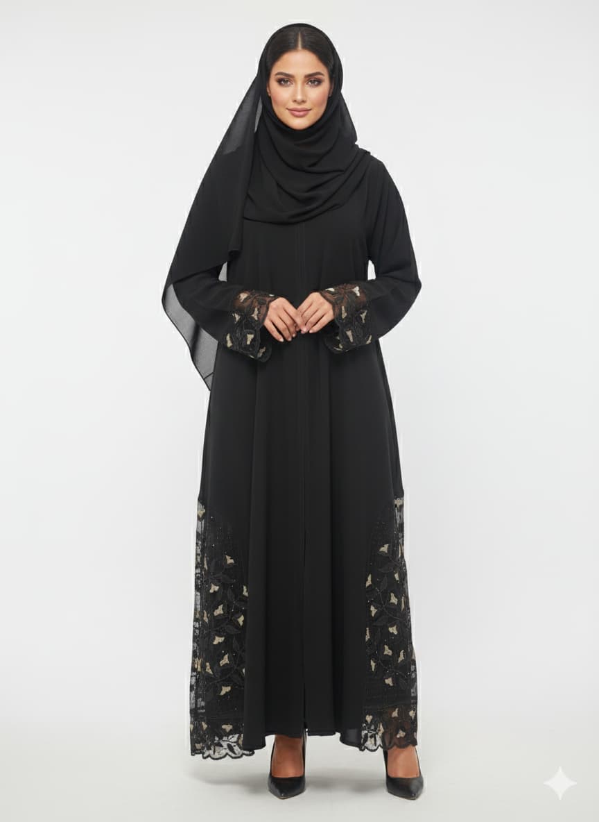 Noir Lattice Side-Detail Abaya | Black Sheer Net Embroidered Luxury Wrap GLAMOURA X