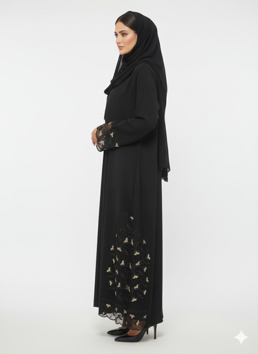 Noir Lattice Side-Detail Abaya | Black Sheer Net Embroidered Luxury Wrap GLAMOURA X