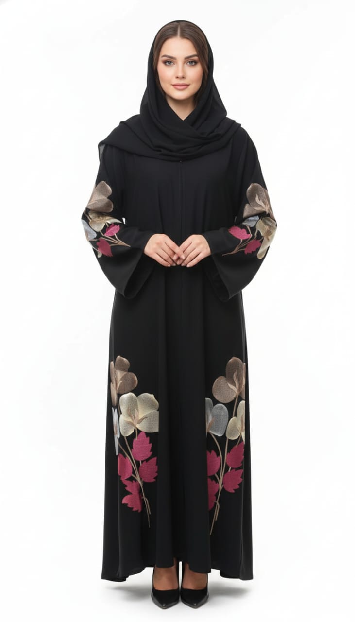 Midnight Bloom Hand-Embroidered Abaya | Floral Silk Embroidery | GLAMOURA X