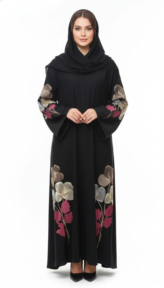 Midnight Bloom Hand-Embroidered Abaya | Floral Silk Embroidery | GLAMOURA X