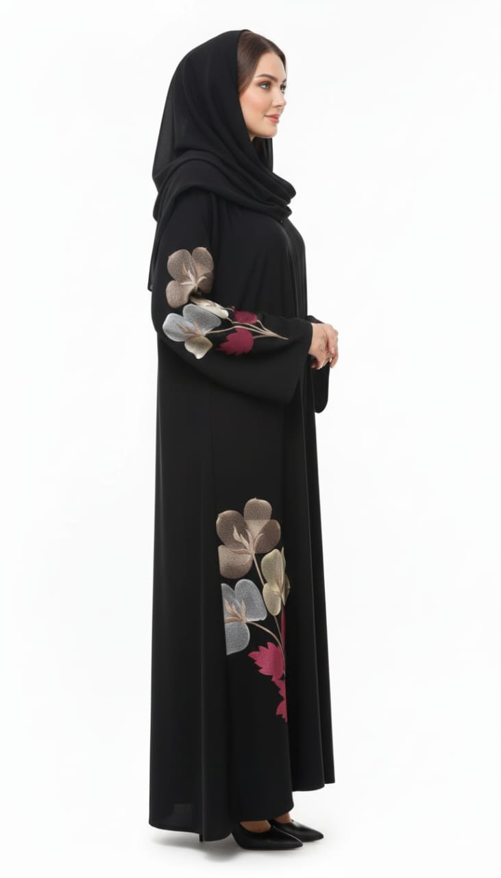 Midnight Bloom Hand-Embroidered Abaya | Floral Silk Embroidery | GLAMOURA X