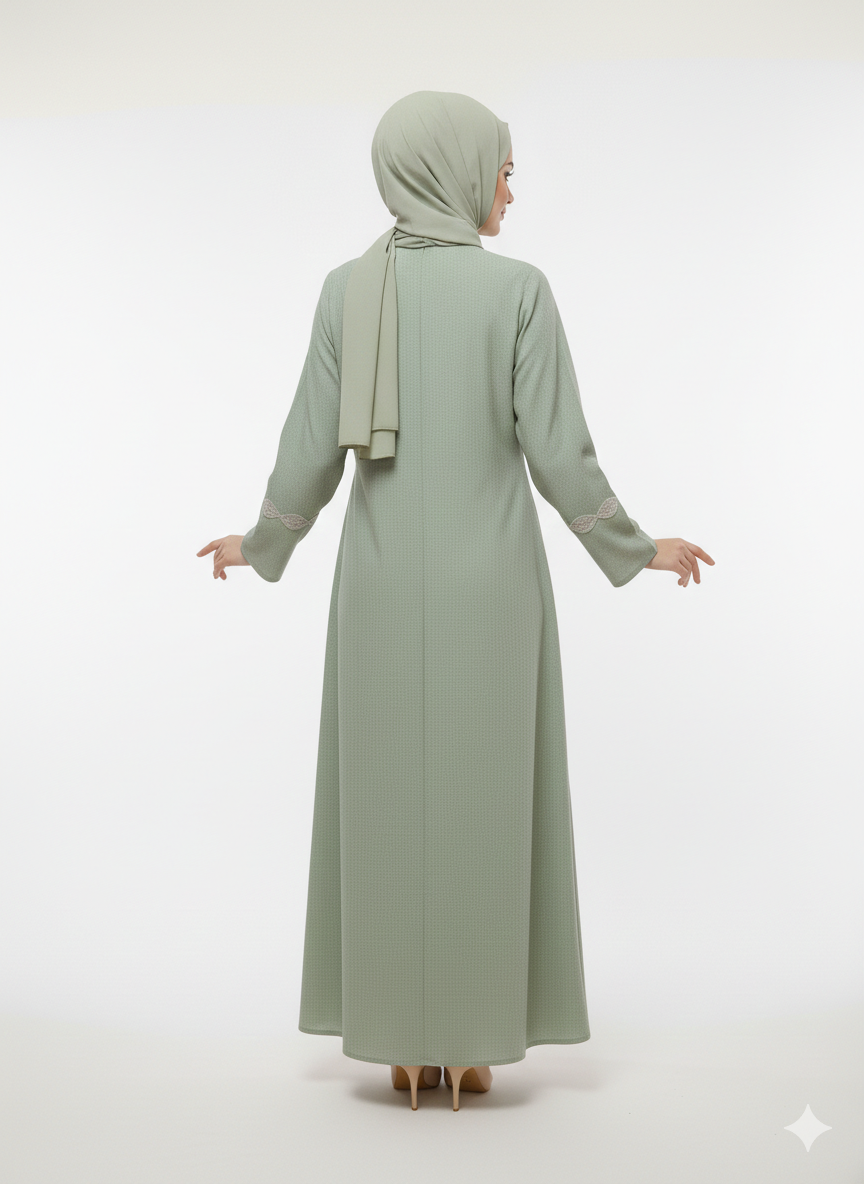 Vissin Global Trading | Sage Green Mirror Work Abaya |Luxury Sheesha Embellished Modest Open Wrap Dress