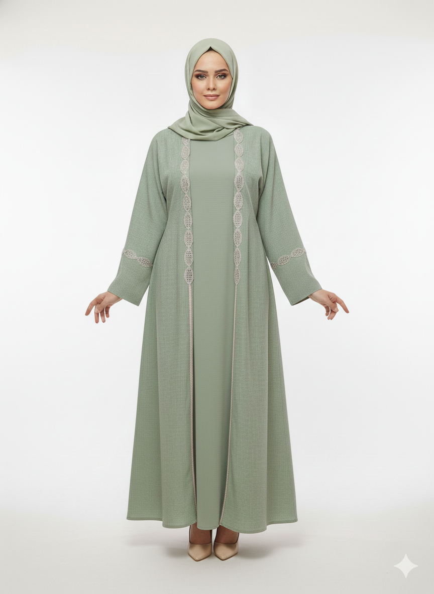 Vissin Global Trading | Sage Green Mirror Work Abaya |Luxury Sheesha Embellished Modest Open Wrap Dress