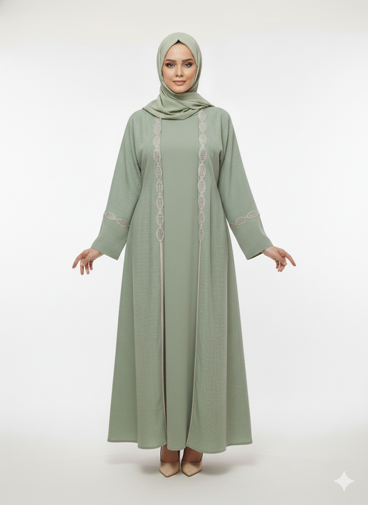 Vissin Global Trading | Sage Green Mirror Work Abaya |Luxury Sheesha Embellished Modest Open Wrap Dress