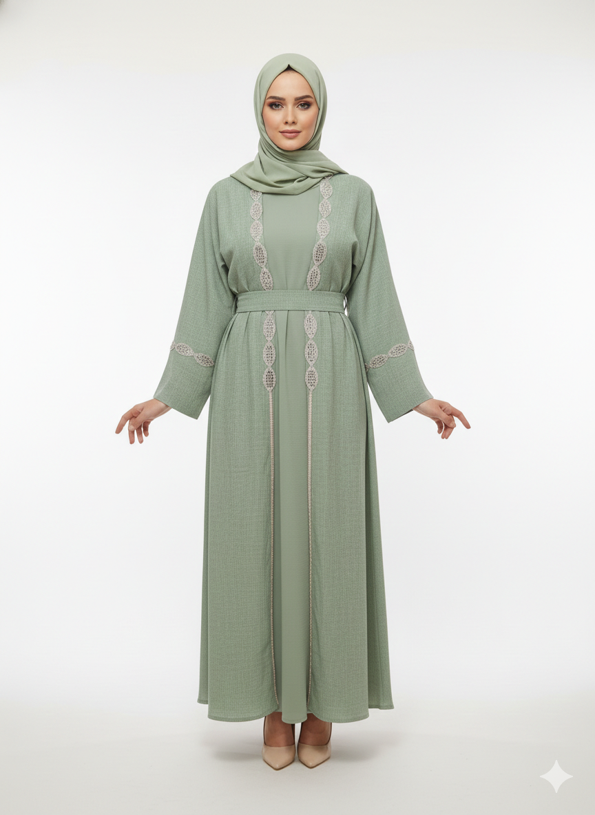 Vissin Global Trading | Sage Green Mirror Work Abaya |Luxury Sheesha Embellished Modest Open Wrap Dress