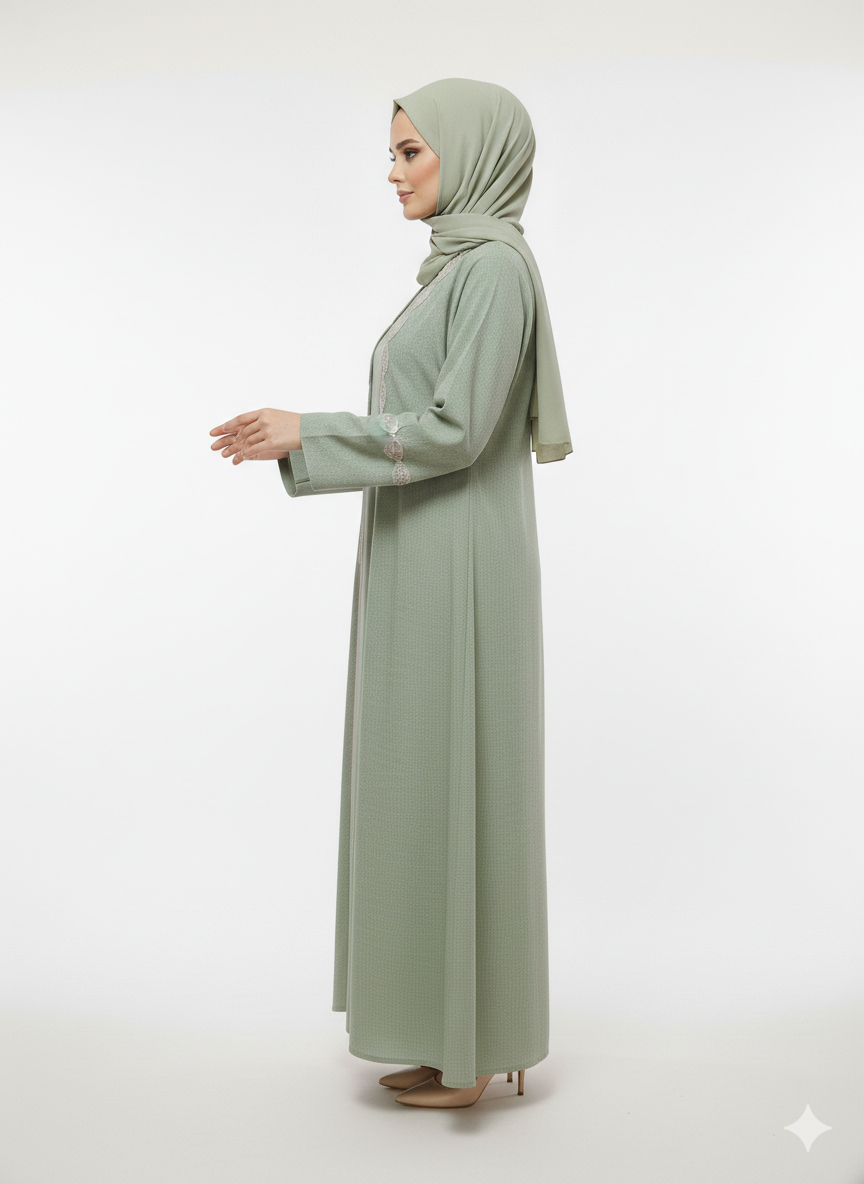 Vissin Global Trading | Sage Green Mirror Work Abaya |Luxury Sheesha Embellished Modest Open Wrap Dress