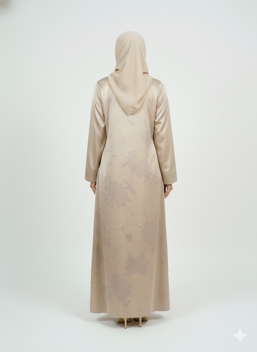 Champagne Beige Satin Abaya | Glamoura X Luxury Silk-Finish Floral Print Modest Wrap