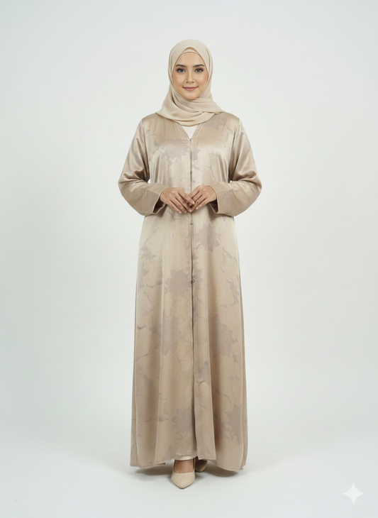 Champagne Beige Satin Abaya | Glamoura X Luxury Silk-Finish Floral Print Modest Wrap
