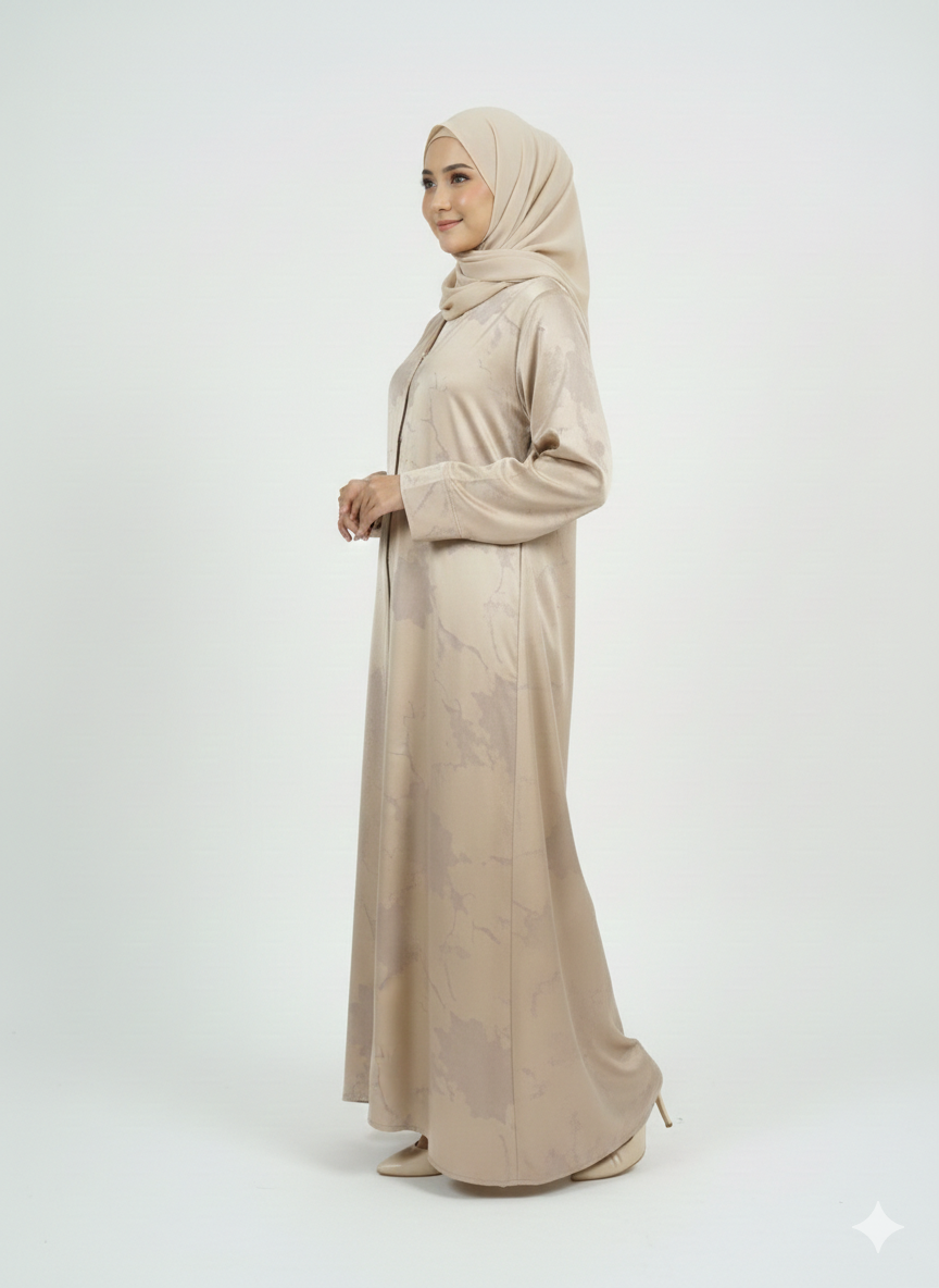 Champagne Beige Satin Abaya | Glamoura X Luxury Silk-Finish Floral Print Modest Wrap