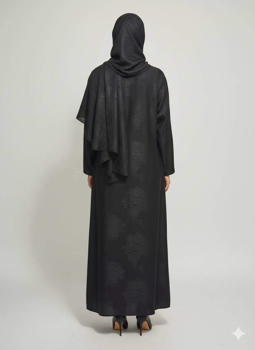 Onyx Black-Leaf Satin Abaya | GLAMOURA X  Luxury Metallic Printed Open Wrap with Bell Sleeves