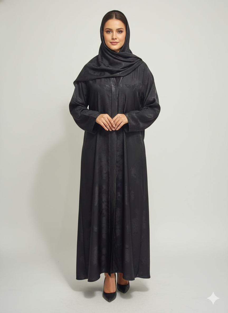 Onyx Black-Leaf Satin Abaya | GLAMOURA X  Luxury Metallic Printed Open Wrap with Bell Sleeves