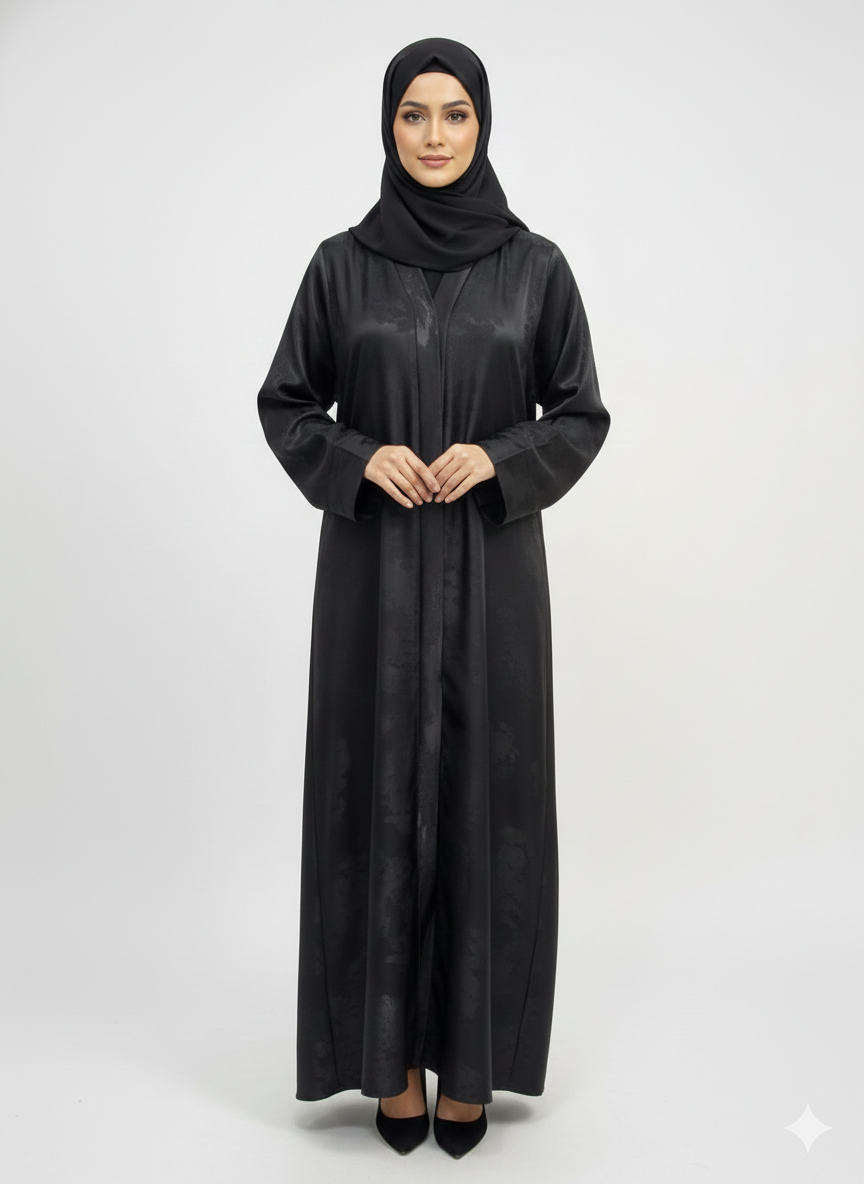 Onyx Black-Leaf Satin Abaya | GLAMOURA X  Luxury Metallic Printed Open Wrap with Bell Sleeves
