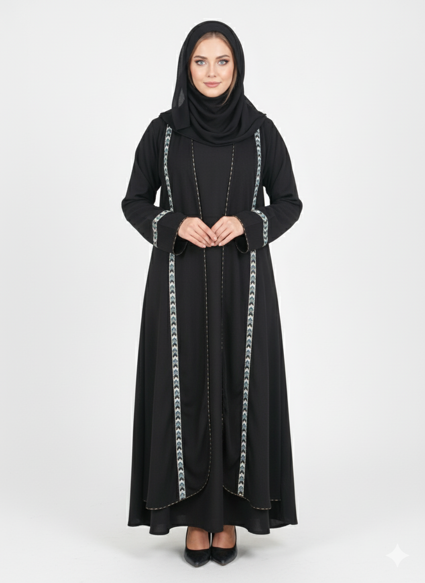 Layered Kimono Jacket-Style Nida Abaya | Geometric Embellishment | GLAMOURA X