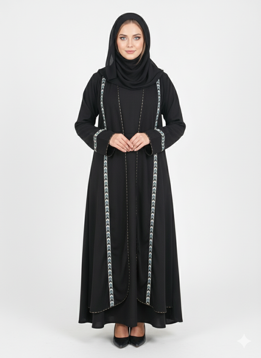 Layered Kimono Jacket-Style Nida Abaya | Geometric Embellishment | GLAMOURA X