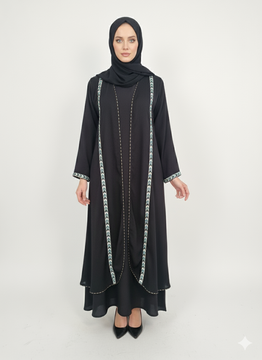 Layered Kimono Jacket-Style Nida Abaya | Geometric Embellishment | GLAMOURA X
