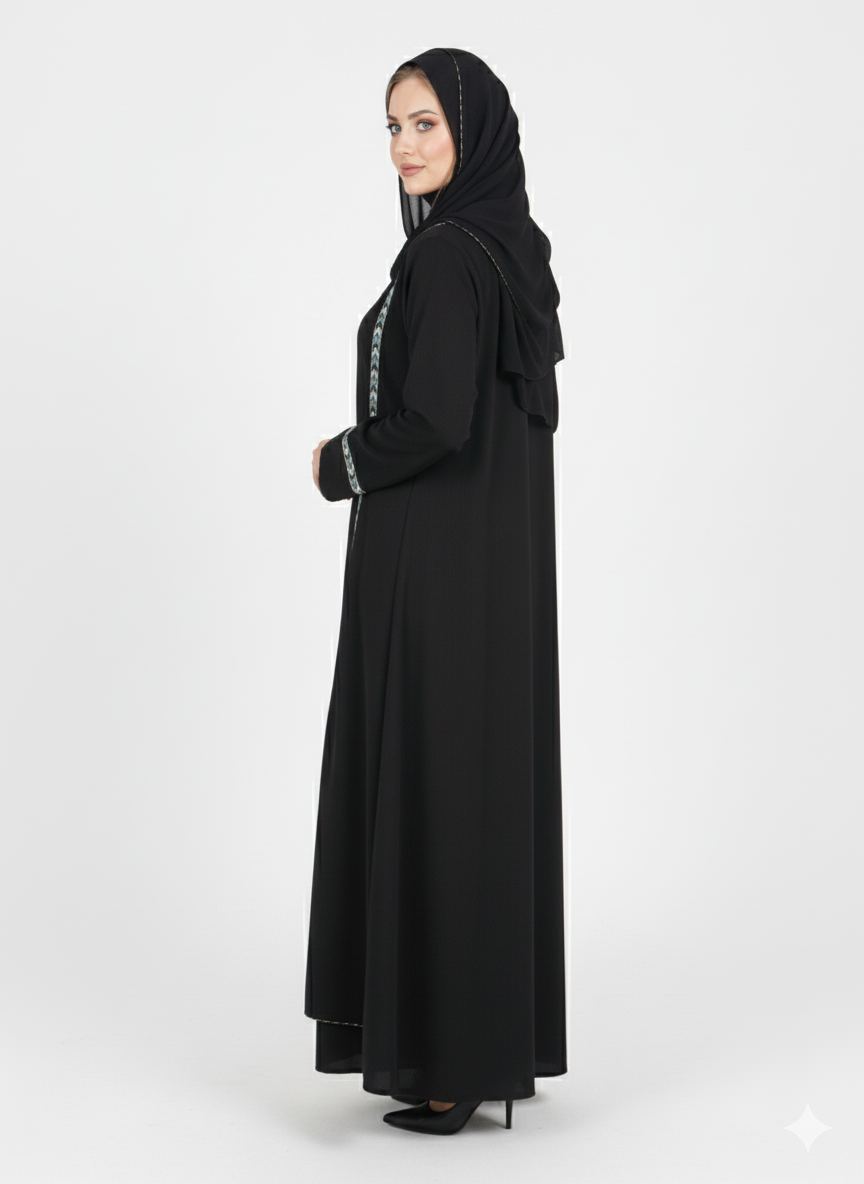 Layered Kimono Jacket-Style Nida Abaya | Geometric Embellishment | GLAMOURA X