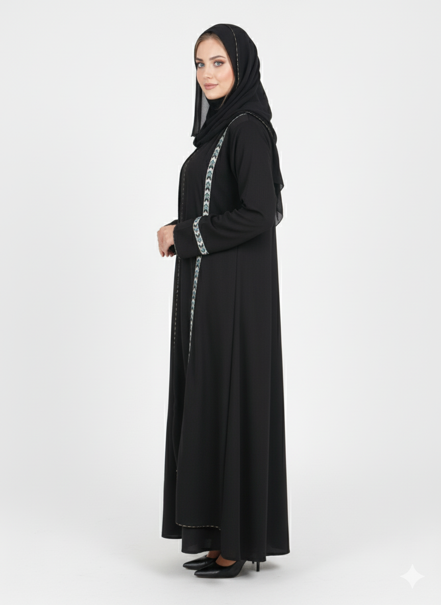 Layered Kimono Jacket-Style Nida Abaya | Geometric Embellishment | GLAMOURA X