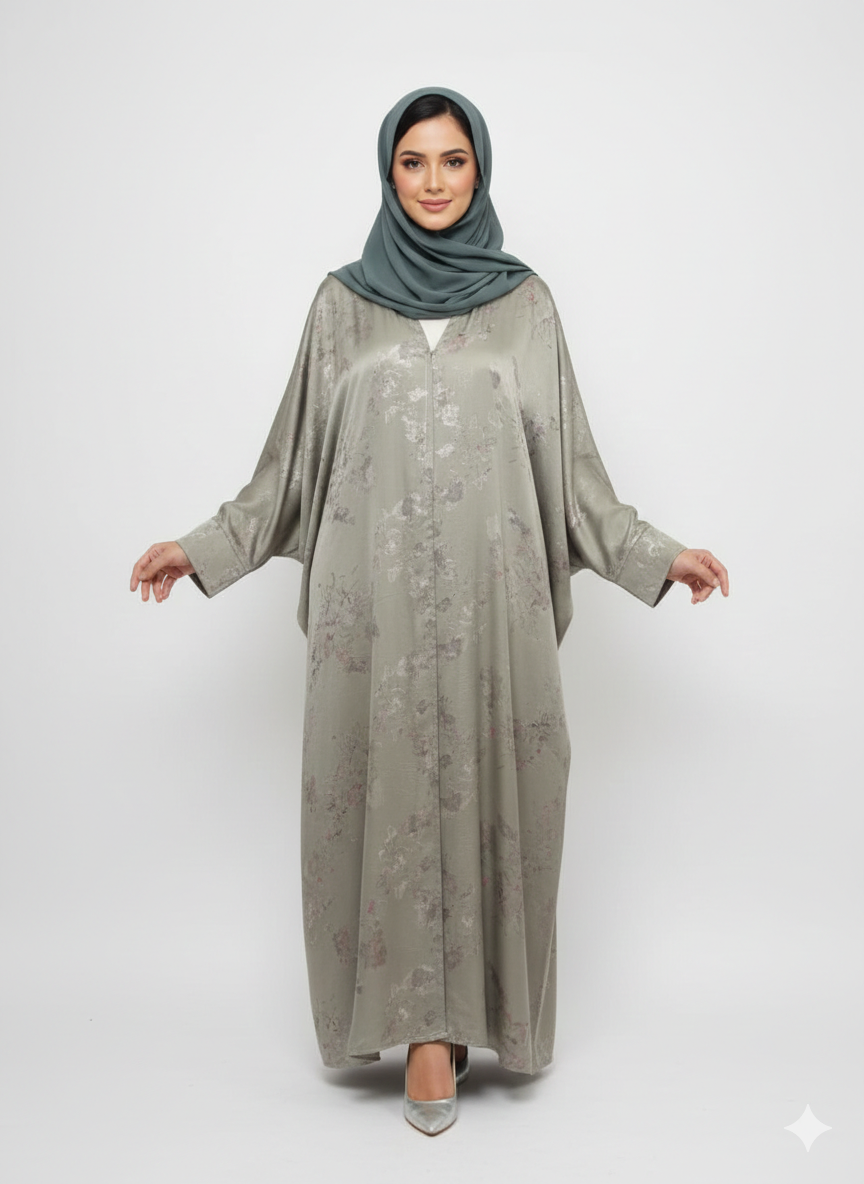 Pista Green Forest Satin Abaya |GLAMOURA X Luxury Silk-Finish Modest Foil Print Wrap