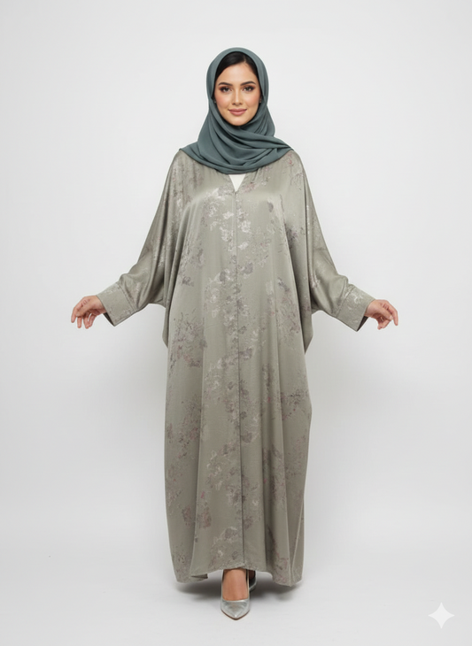 Pista Green Forest Satin Abaya |GLAMOURA X Luxury Silk-Finish Modest Foil Print Wrap
