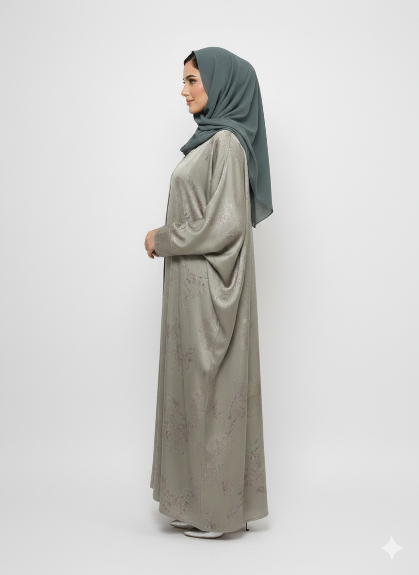 Pista Green Forest Satin Abaya |GLAMOURA X Luxury Silk-Finish Modest Foil Print Wrap