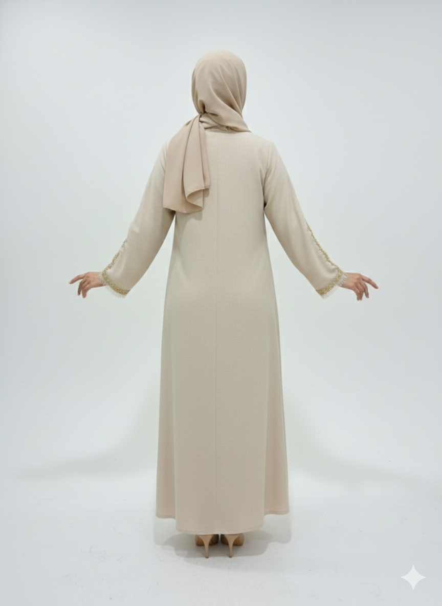 Glamoura X Sandstone Pearl Beige Abaya |Luxury Hand-Embellished Modest Open Wrap