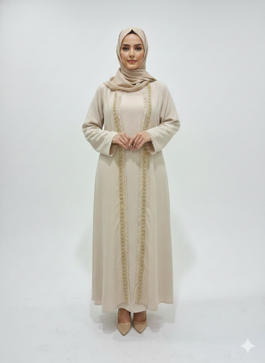 Glamoura X Sandstone Pearl Beige Abaya |Luxury Hand-Embellished Modest Open Wrap