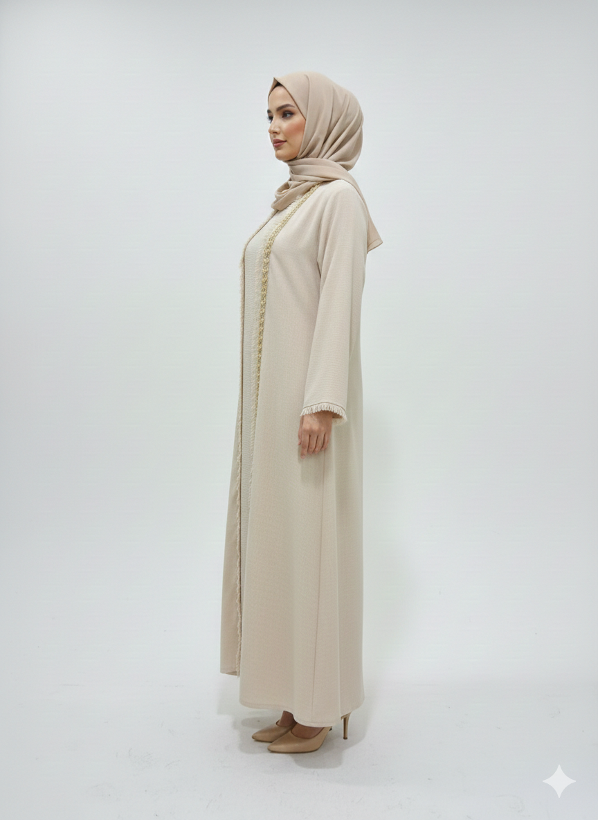 Glamoura X Sandstone Pearl Beige Abaya |Luxury Hand-Embellished Modest Open Wrap